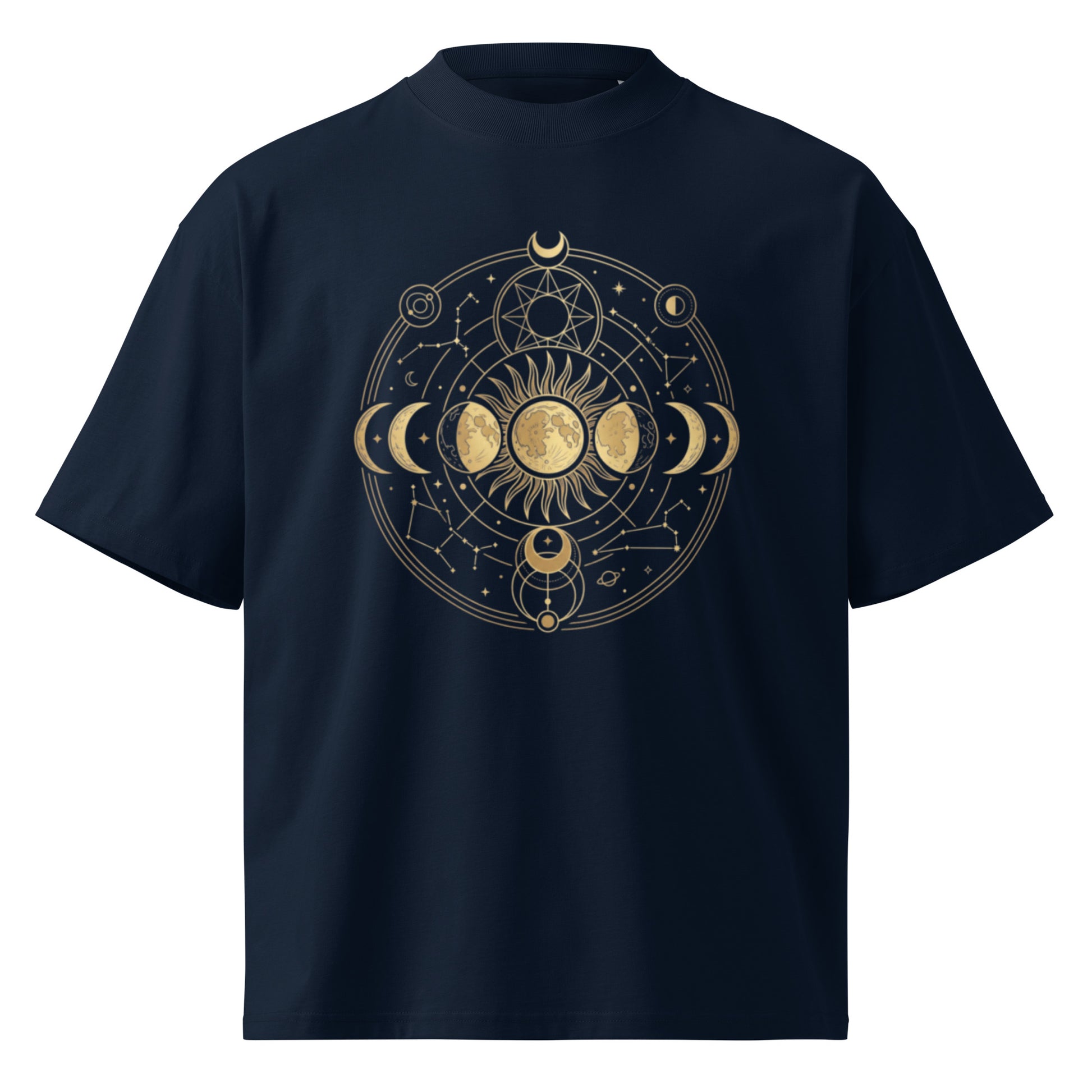Gold celestial moon phases in an astrological circle on a French Navy oversized high-neck tee, front view