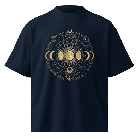 Gold celestial moon phases in an astrological circle on a French Navy oversized high-neck tee, front view