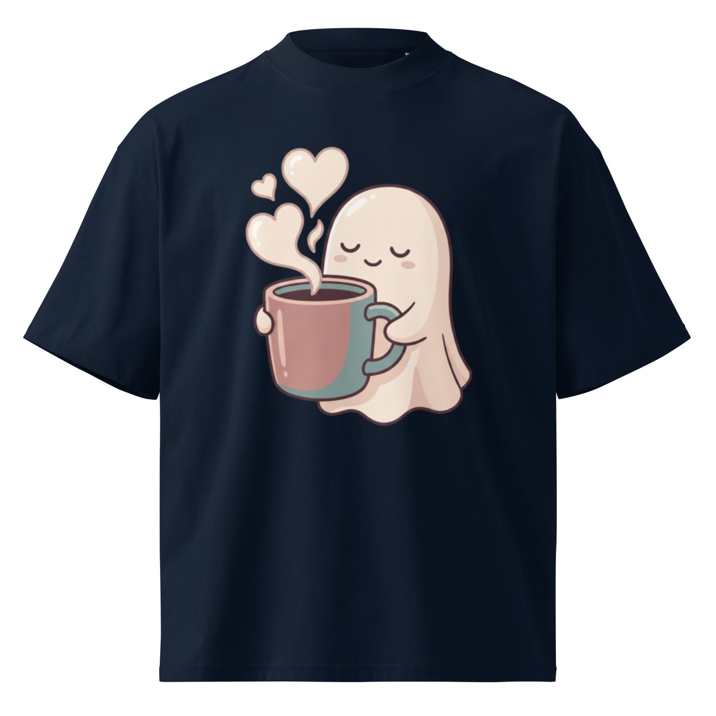 Cute ghost holding a coffee mug with heart-shaped steam on a French Navy oversized high-neck tee, front view