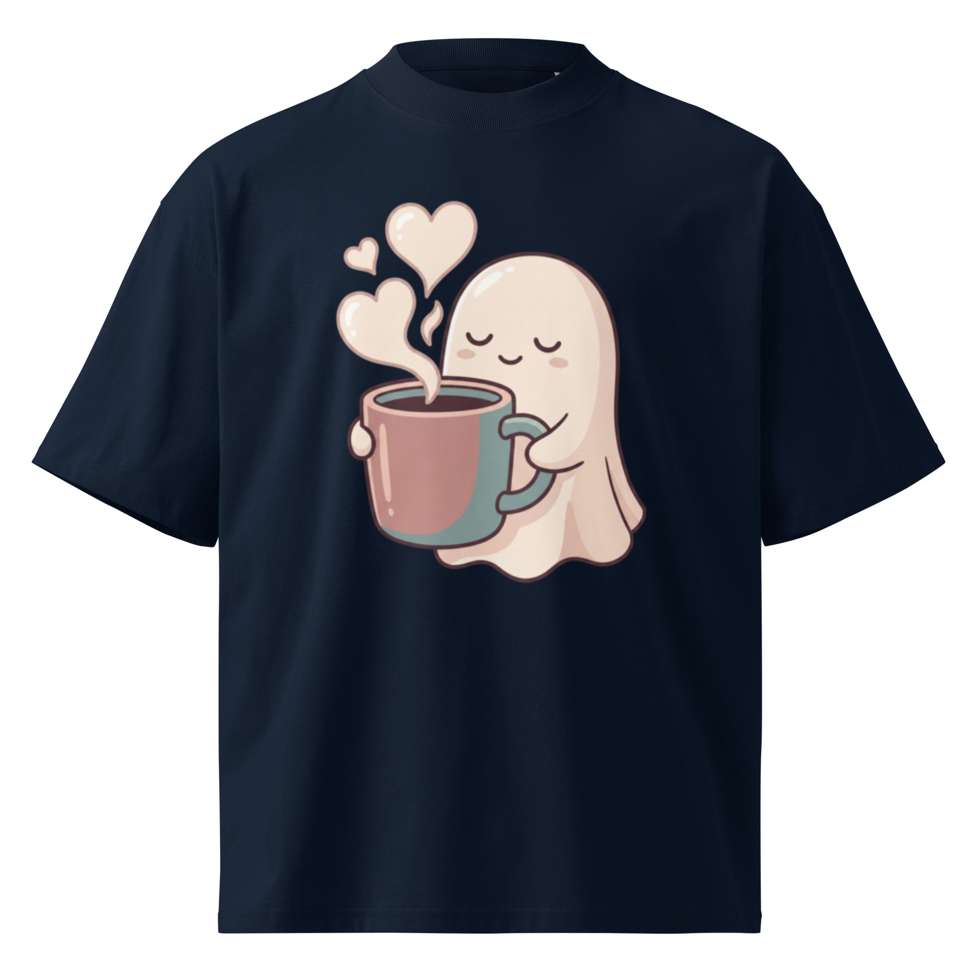 Cute ghost holding a coffee mug with heart-shaped steam on a French Navy oversized high-neck tee, front view