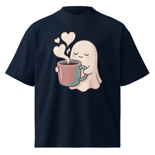 Cute ghost holding a coffee mug with heart-shaped steam on a French Navy oversized high-neck tee, front view