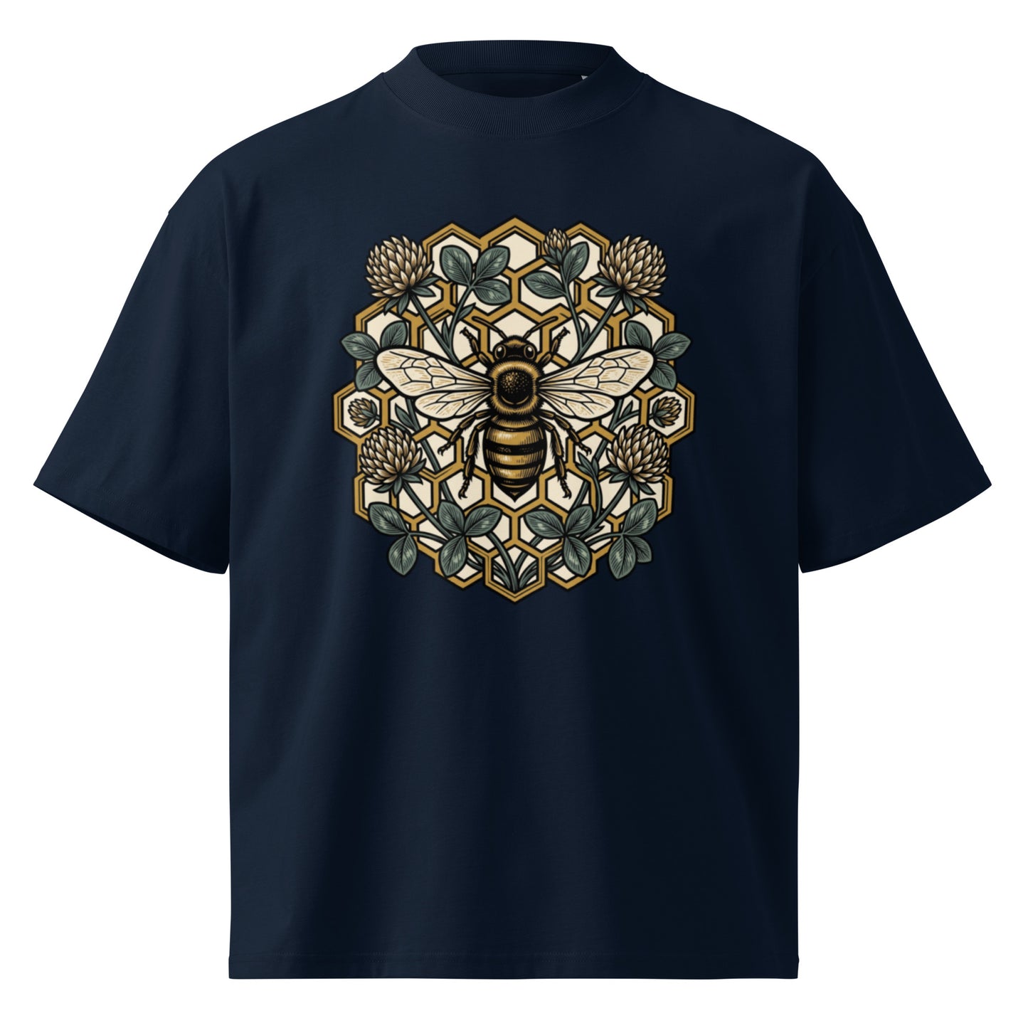 Geometric honeycomb and bee design in teal and gold on a French Navy oversized high-neck tee, front view