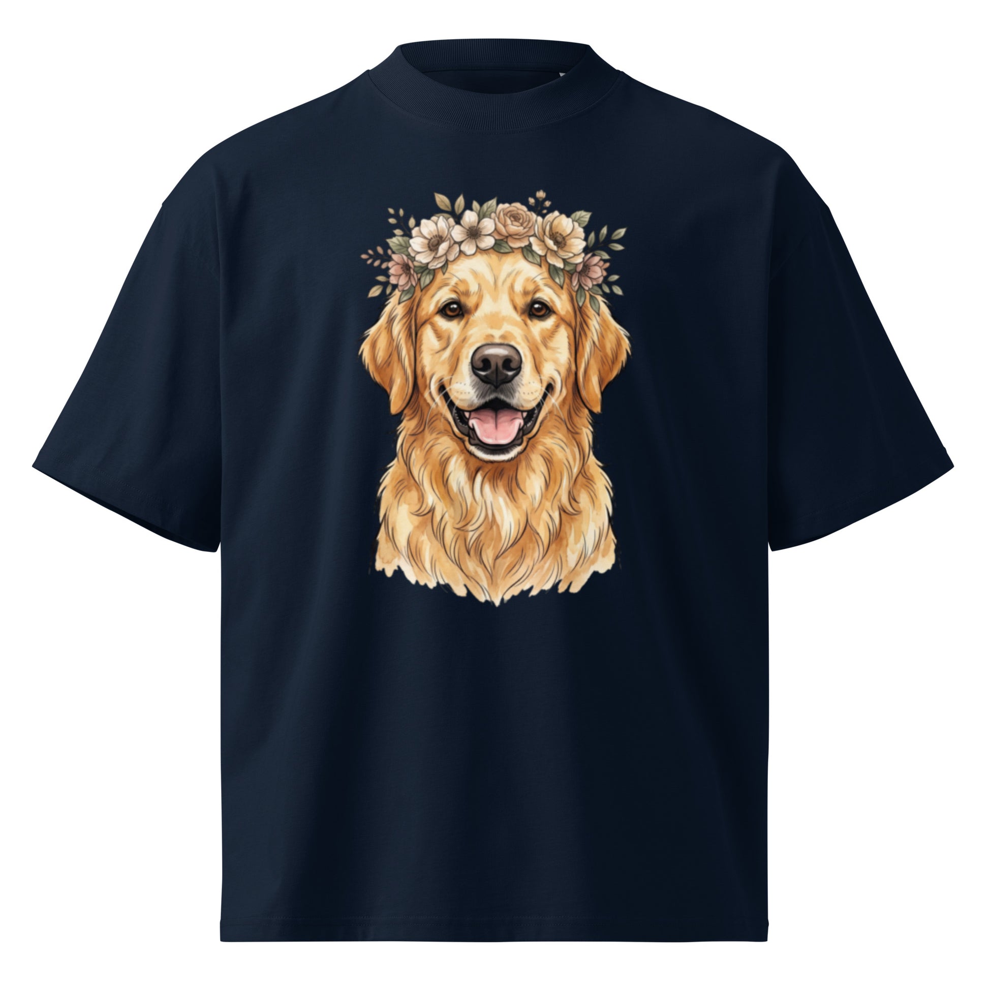 Golden retriever wearing a flower crown on a French Navy oversized high-neck tee, front view