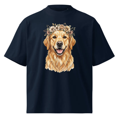 Golden retriever wearing a flower crown on a French Navy oversized high-neck tee, front view