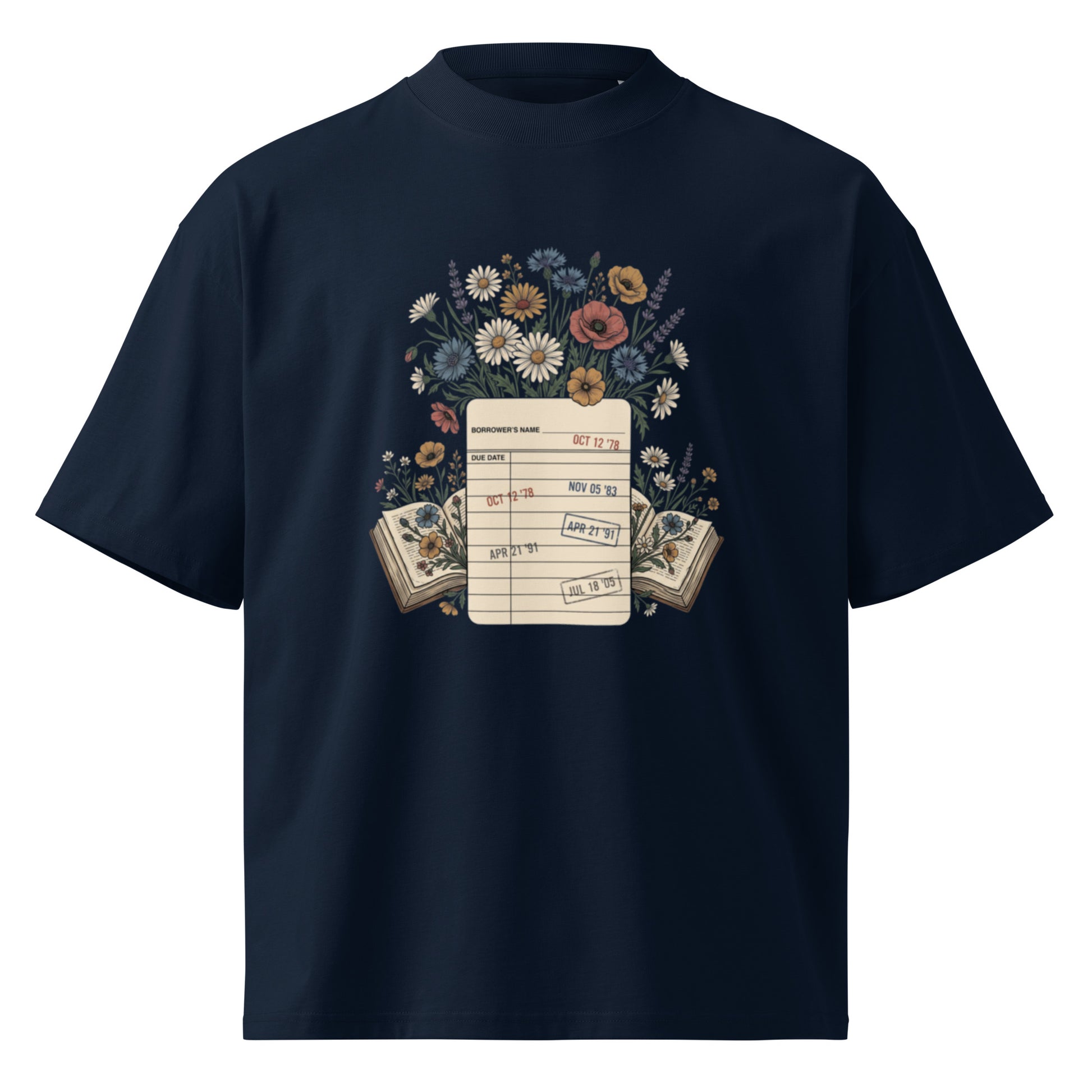 Vintage library due-date card with wildflowers on a French Navy oversized high-neck tee, front view