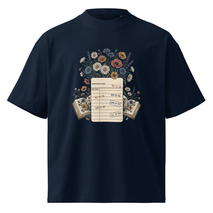 Vintage library due-date card with wildflowers on a French Navy oversized high-neck tee, front view