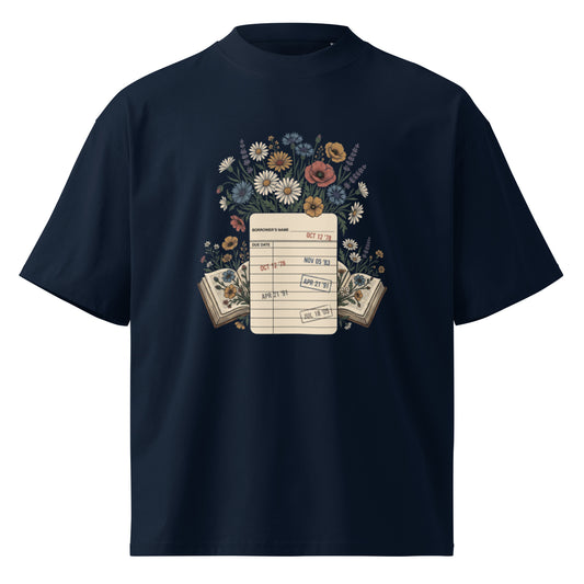 Vintage library due-date card with wildflowers on a French Navy oversized high-neck tee, front view