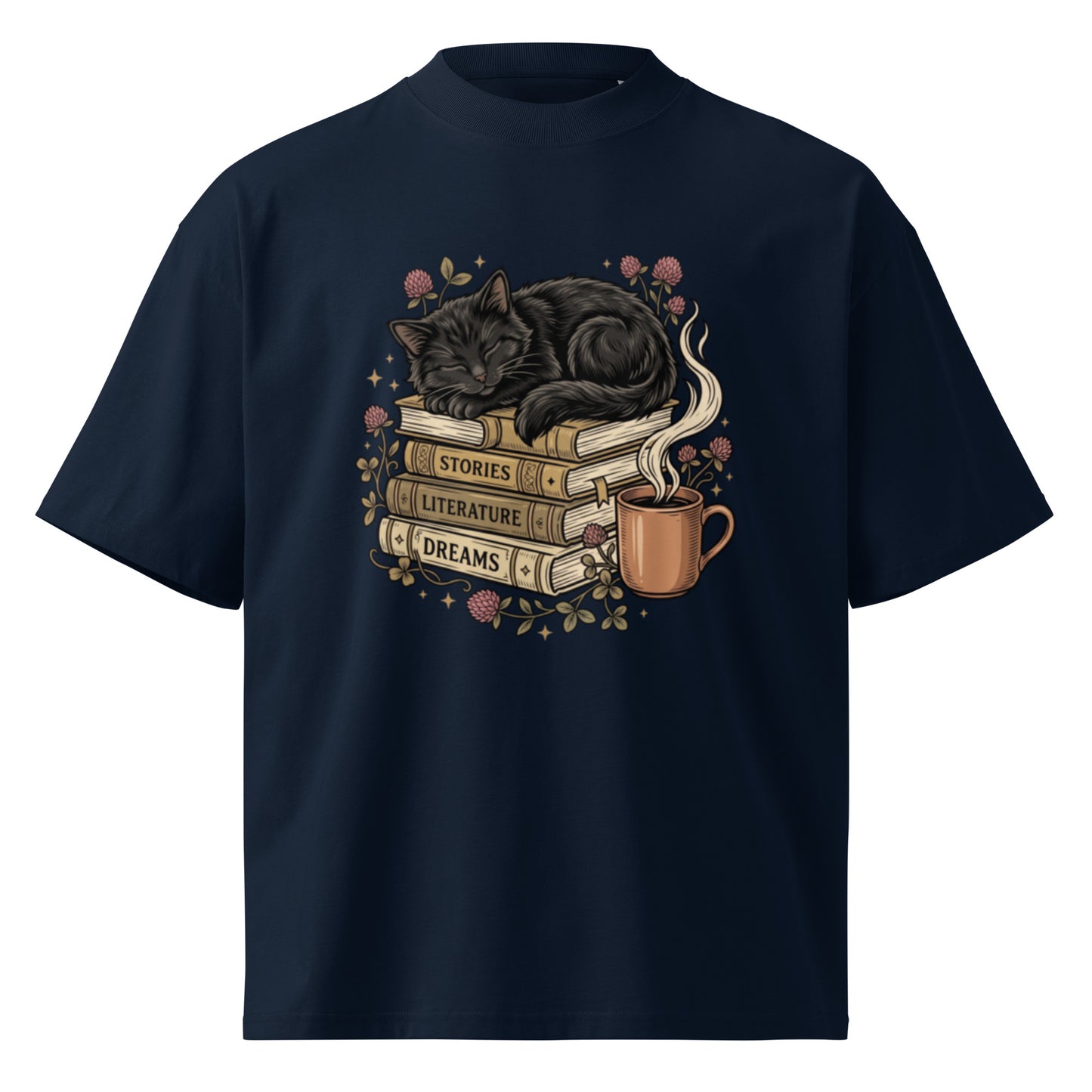 Black cat asleep on a stack of books with coffee and roses, on a French Navy oversized high-neck tee, front view