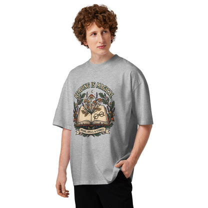 Whimsical Reading Witch oversized T-Shirt - in Heather Grey, front view - VibePrintPop