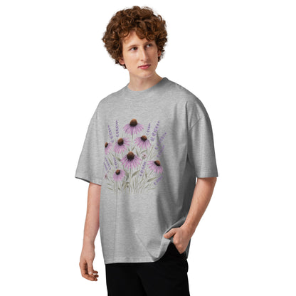 Purple coneflower echinacea botanical study on a heather grey oversized high-neck tee, front view