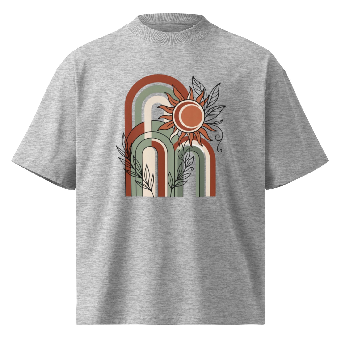 Retro rainbow arches with a rising sun on a heather grey oversized high-neck tee, front view