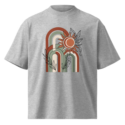 Retro rainbow arches with a rising sun on a heather grey oversized high-neck tee, front view