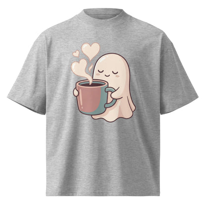 Cute ghost holding a coffee mug with heart-shaped steam on a heather grey oversized high-neck tee, front view