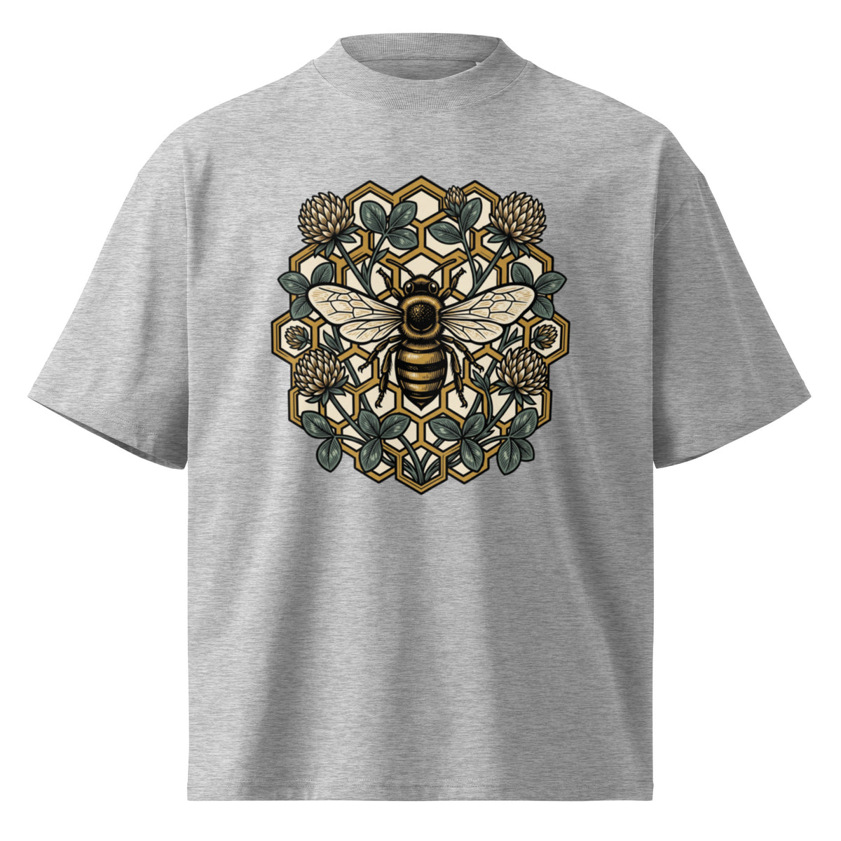 Geometric honeycomb and bee design in teal and gold on a heather grey oversized high-neck tee, front view