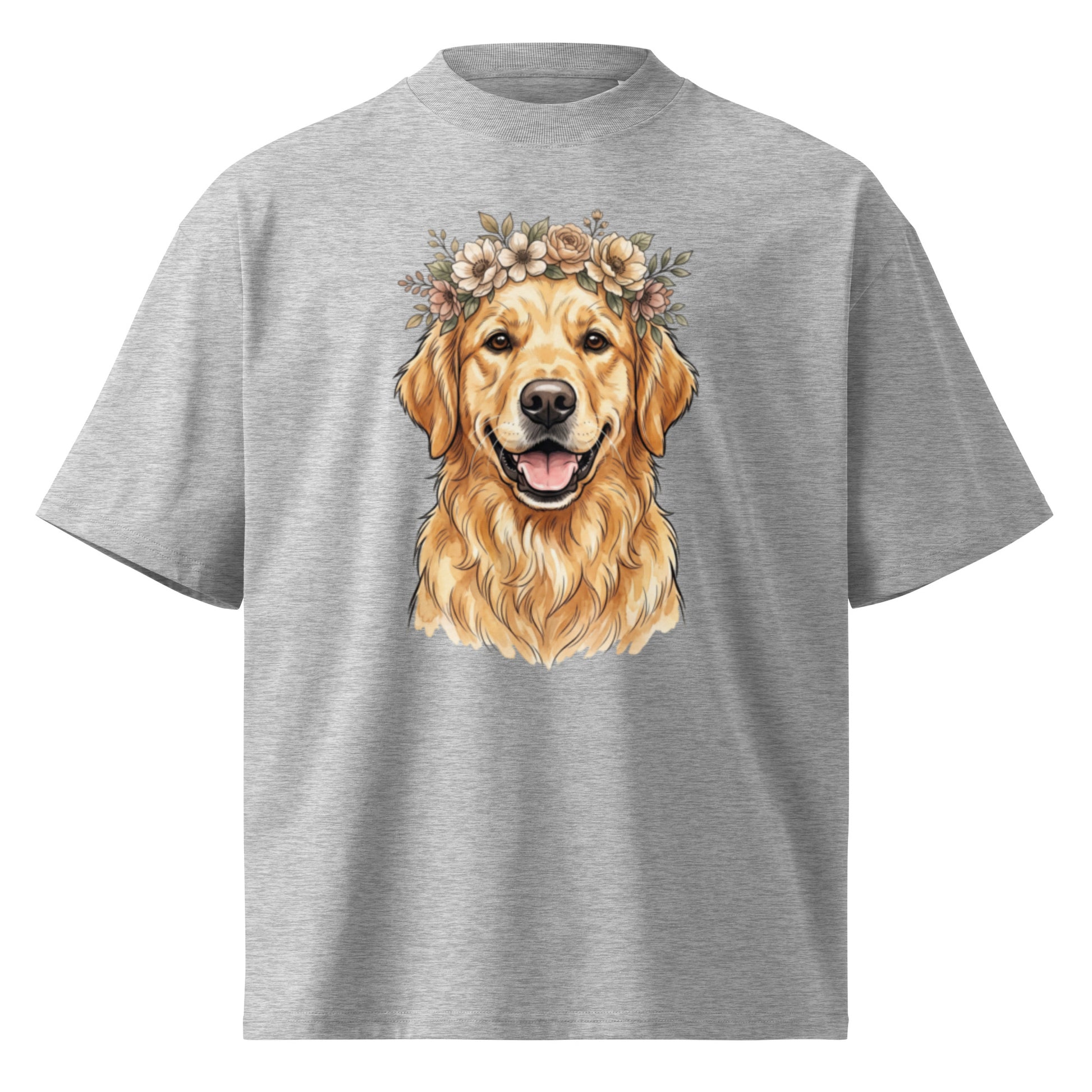 Golden retriever wearing a flower crown on a heather grey oversized high-neck tee, front view