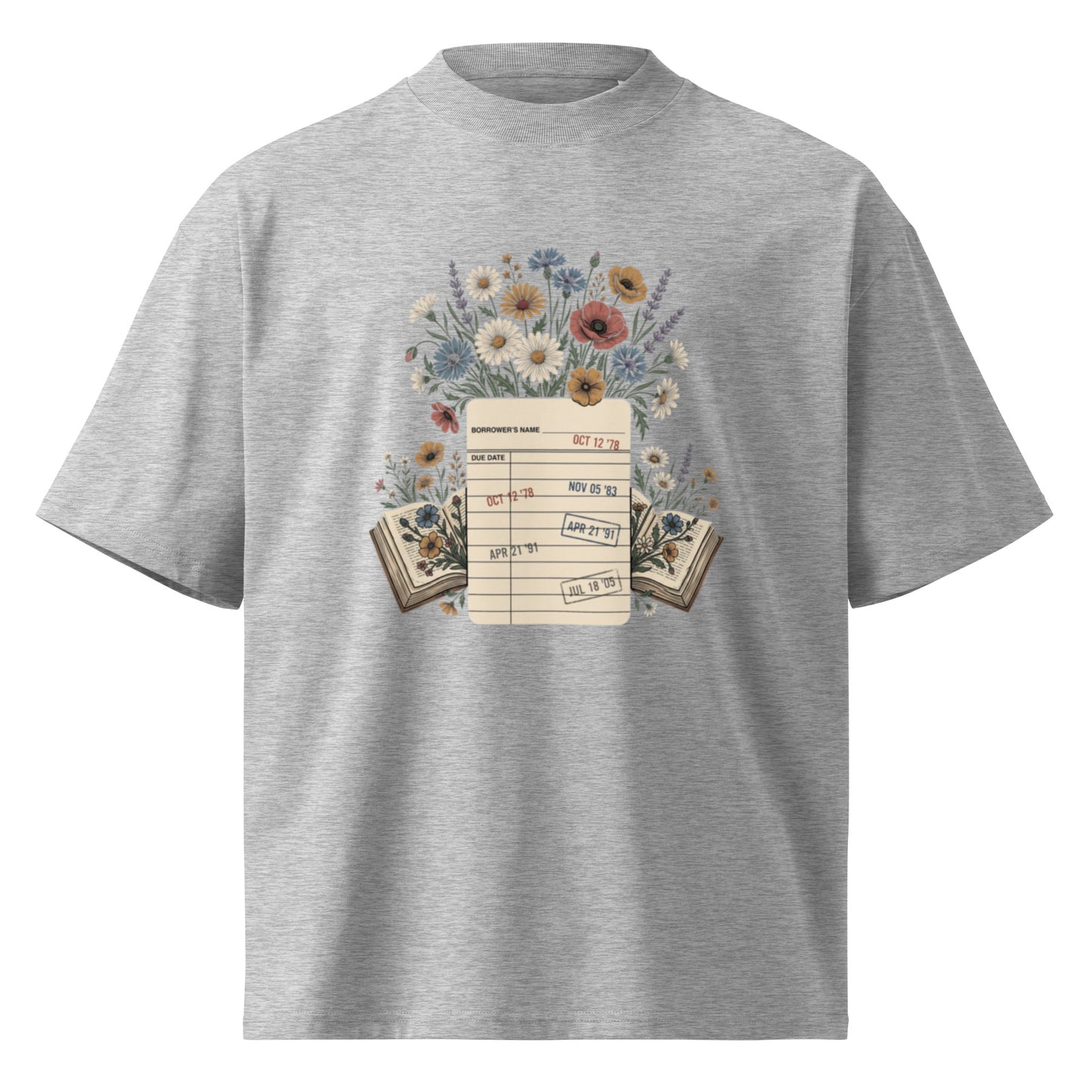 Vintage library due-date card with wildflowers on a heather grey oversized high-neck tee, front view