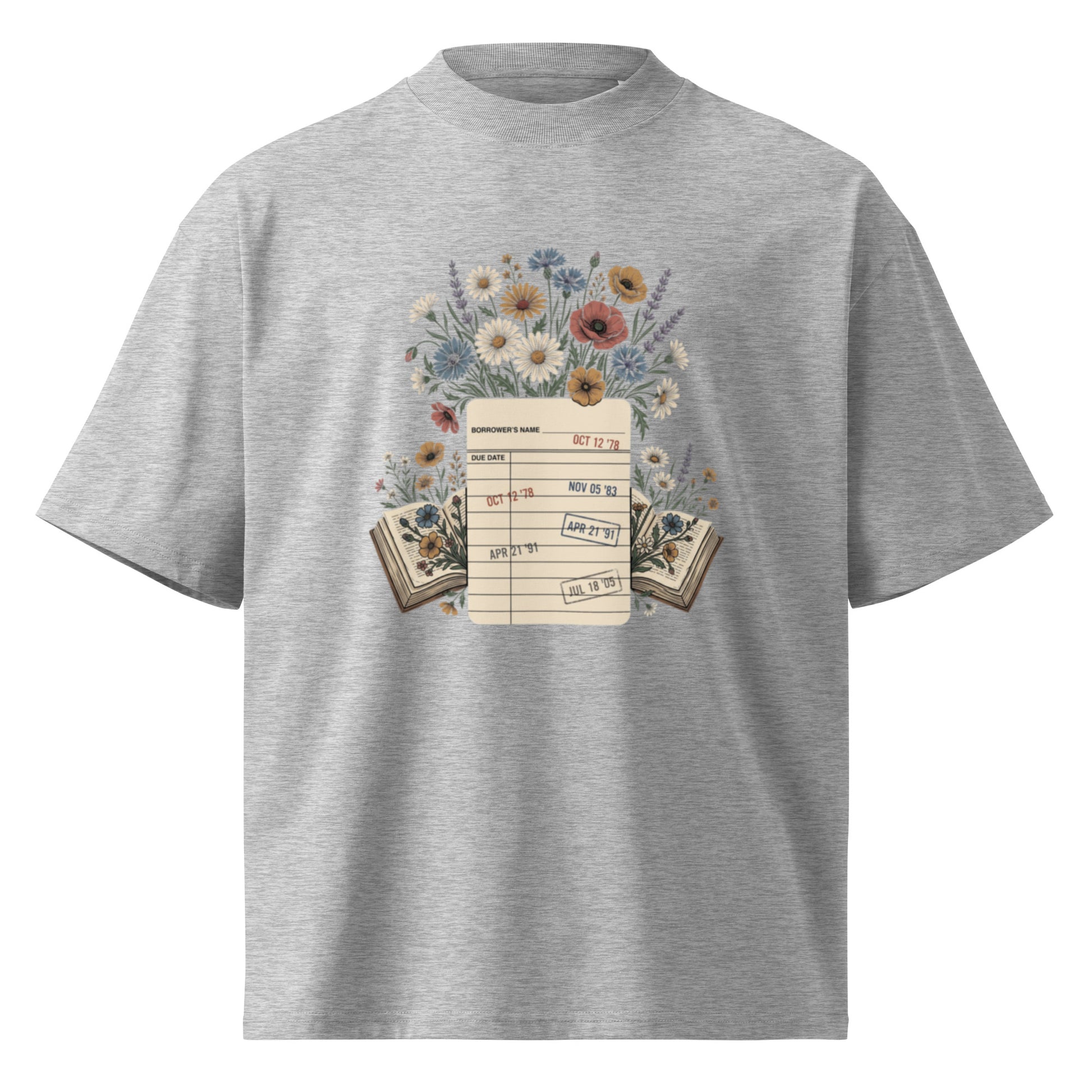 Vintage library due-date card with wildflowers on a heather grey oversized high-neck tee, front view