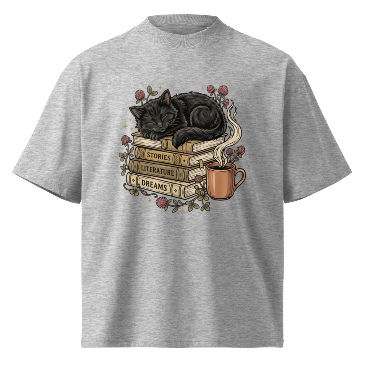 Black cat asleep on a stack of books with coffee and roses, on a heather grey oversized high-neck tee, front view