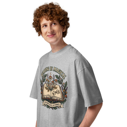 Whimsical Reading Witch oversized T-Shirt - in Heather Grey, left view - VibePrintPop