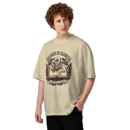 Whimsical Reading Witch oversized T-Shirt - in Stone, front view - VibePrintPop