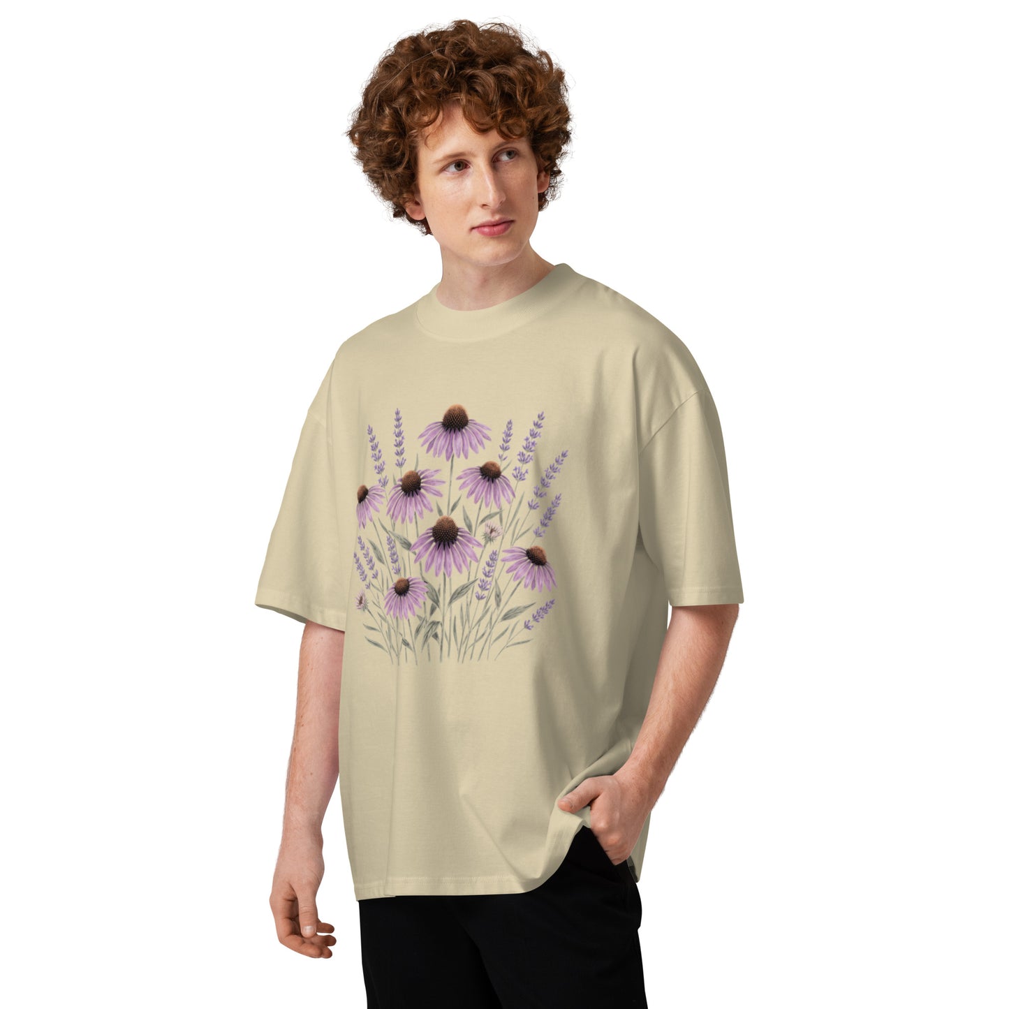Purple coneflower echinacea botanical study on a stone oversized high-neck tee, front view