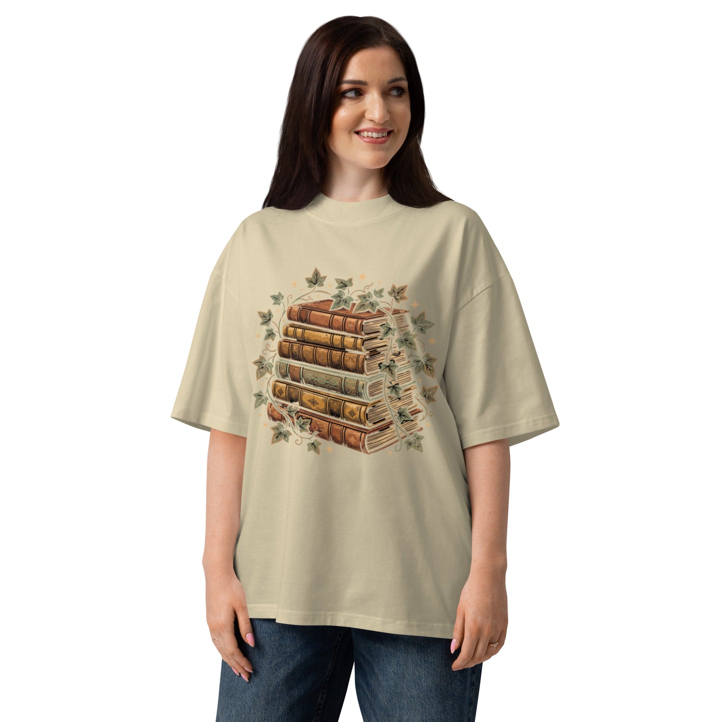 Stack of vintage books wound with ivy on a stone oversized high-neck tee, front view