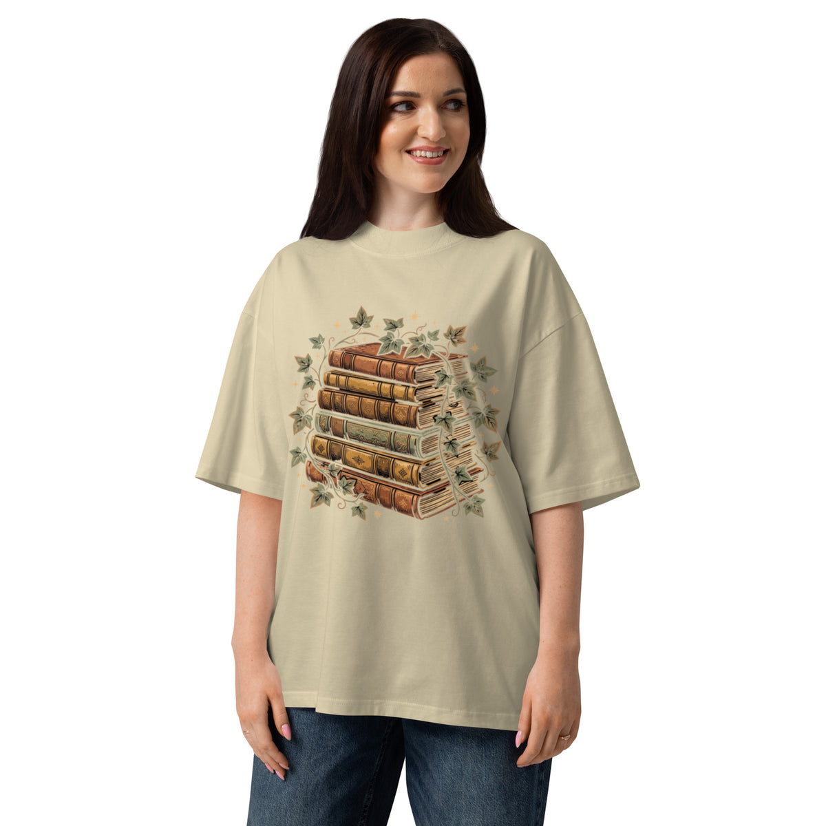 Stack of vintage books wound with ivy on a stone oversized high-neck tee, front view