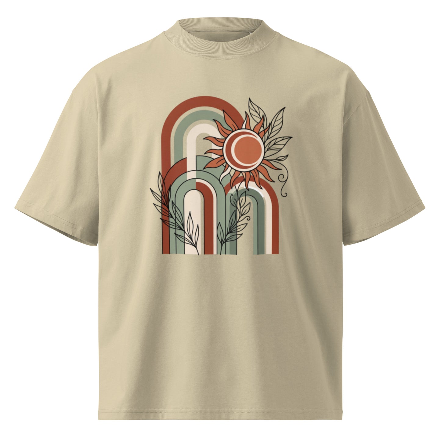Retro rainbow arches with a rising sun on a stone oversized high-neck tee, front view