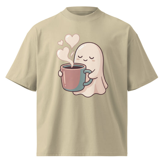 Cute ghost holding a coffee mug with heart-shaped steam on a stone oversized high-neck tee, front view