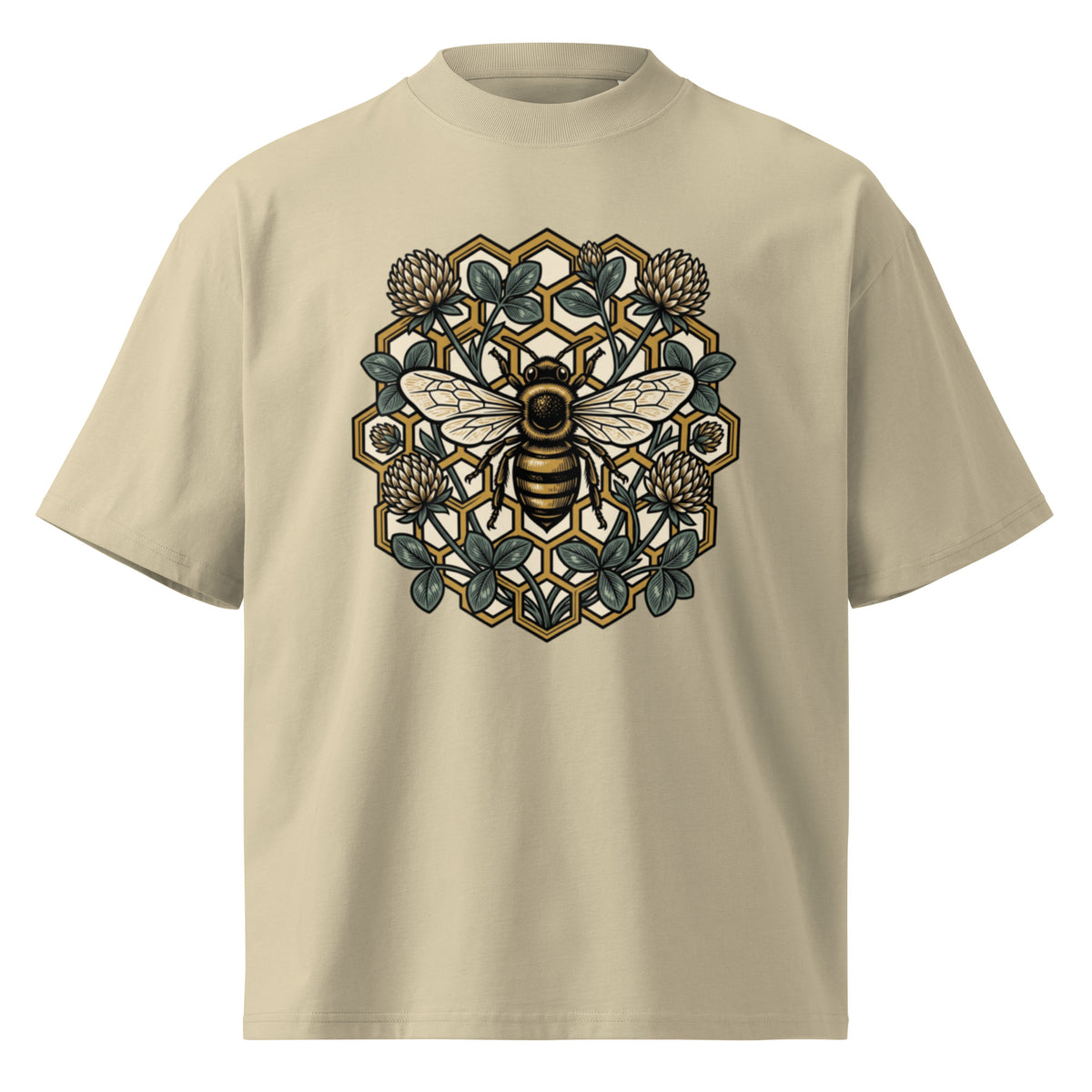 Geometric honeycomb and bee design in teal and gold on a stone oversized high-neck tee, front view