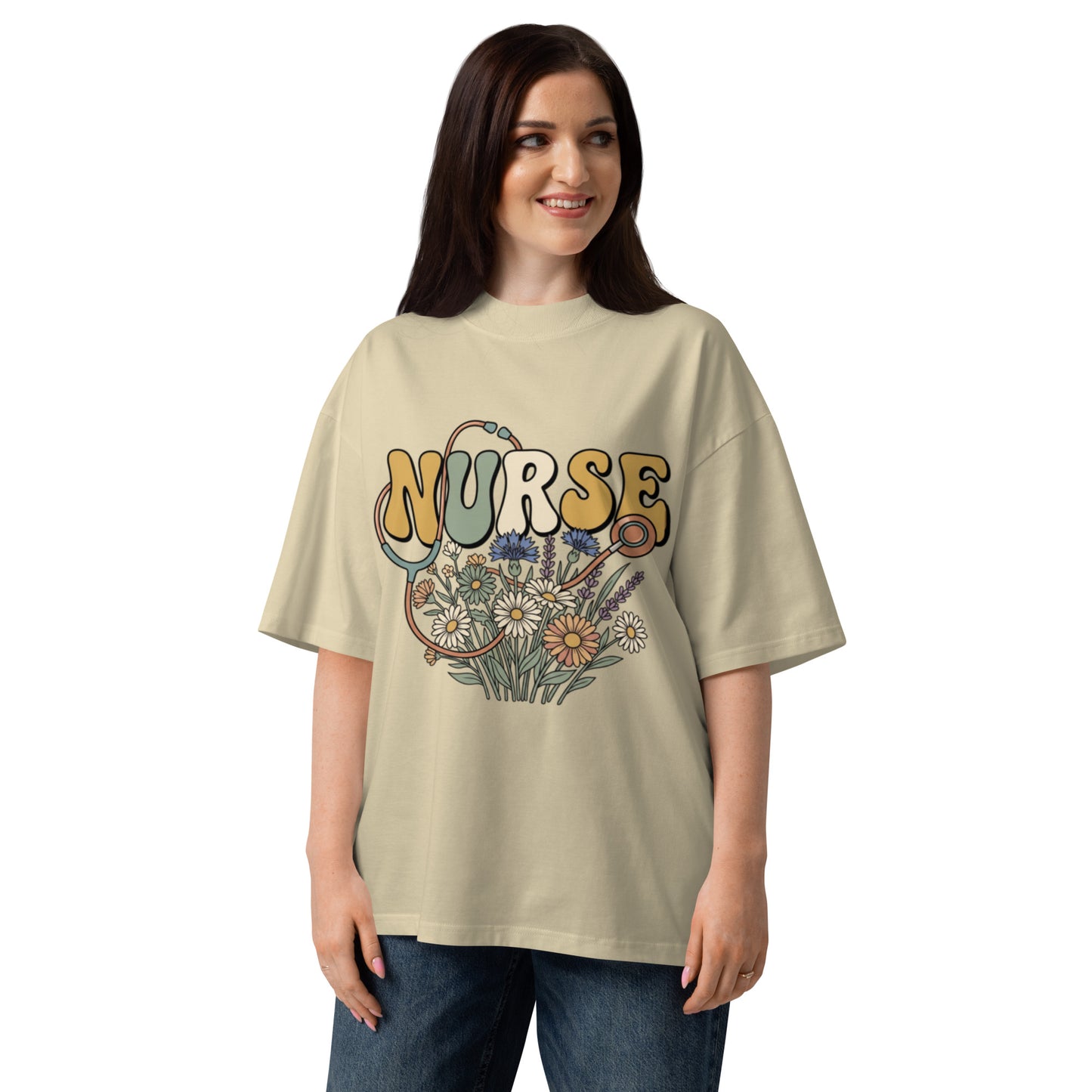 Retro Nurse lettering in a bed of wildflowers on a stone oversized high-neck tee, front view