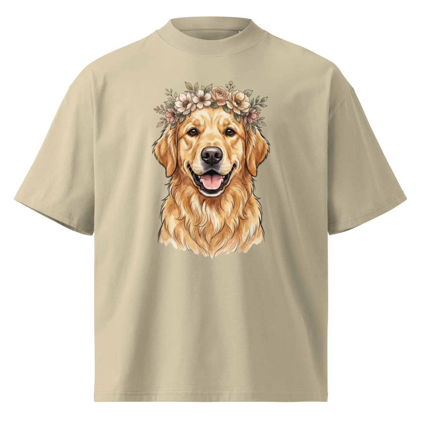 Golden retriever wearing a flower crown on a stone oversized high-neck tee, front view