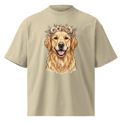 Golden retriever wearing a flower crown on a stone oversized high-neck tee, front view