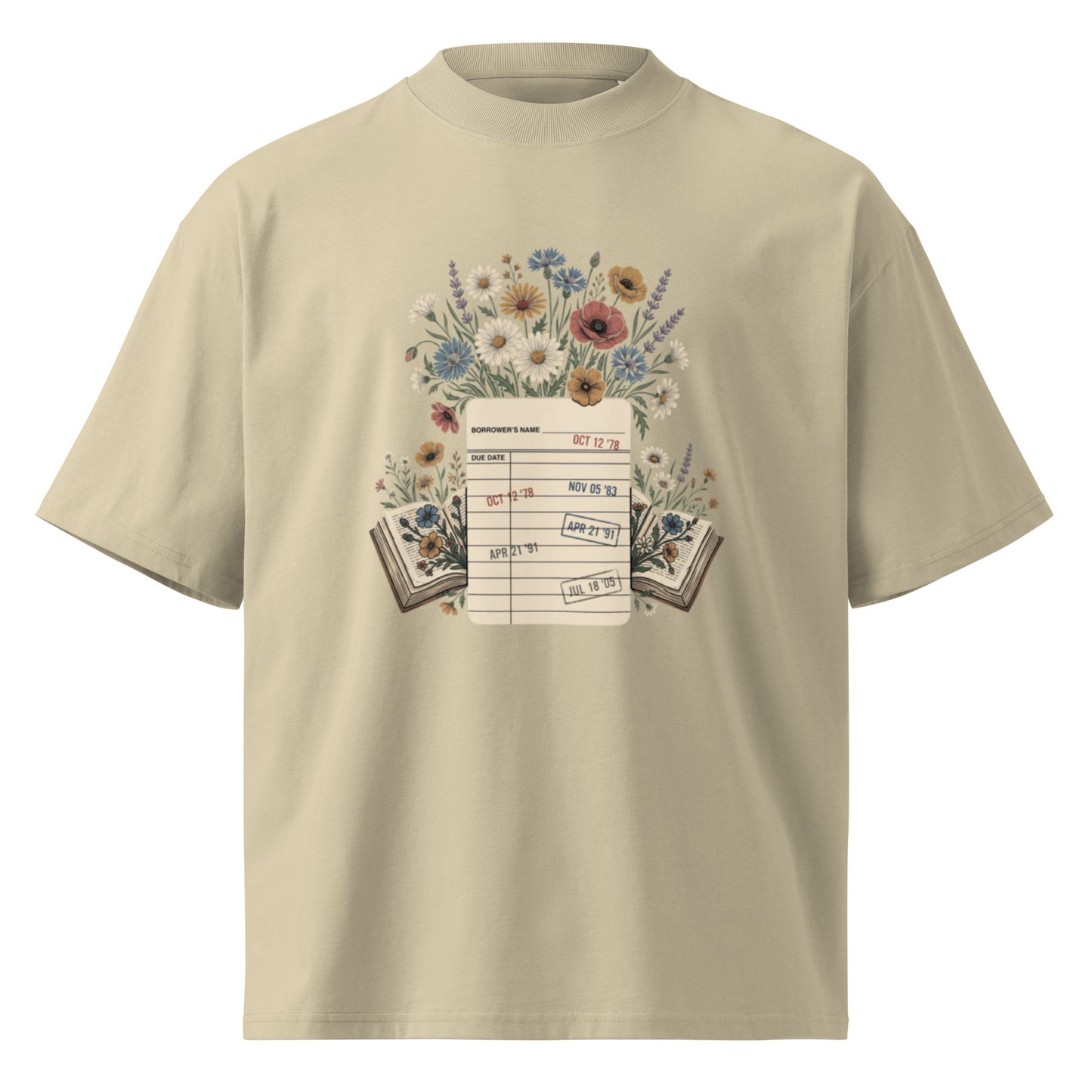 Vintage library due-date card with wildflowers on a stone oversized high-neck tee, front view