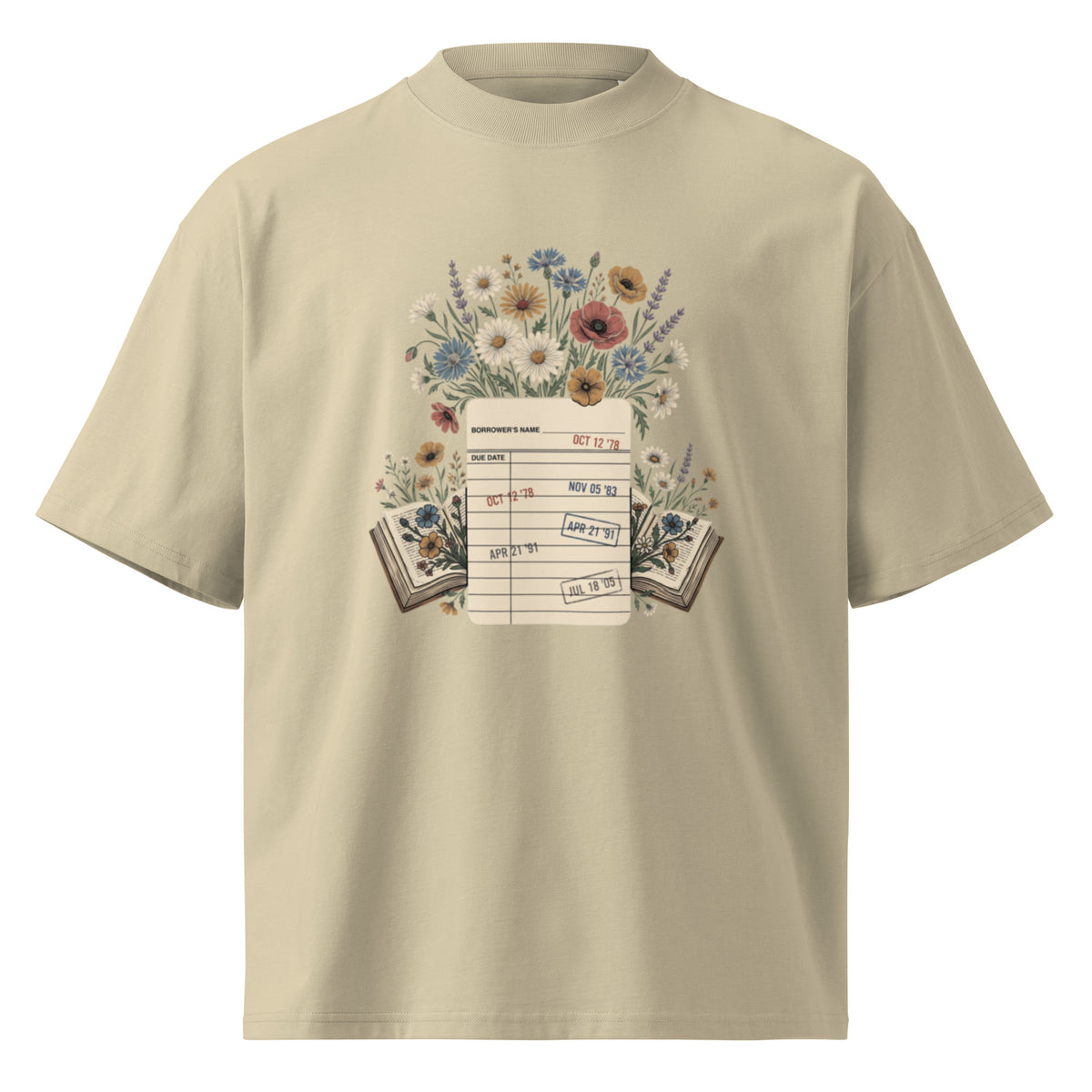 Vintage library due-date card with wildflowers on a stone oversized high-neck tee, front view