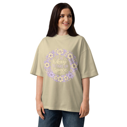 It Is Okay To Take Up Space in a pastel wildflower wreath on a stone oversized high-neck tee, front view