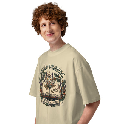 Whimsical Reading Witch oversized T-Shirt - in Stone, left view - VibePrintPop