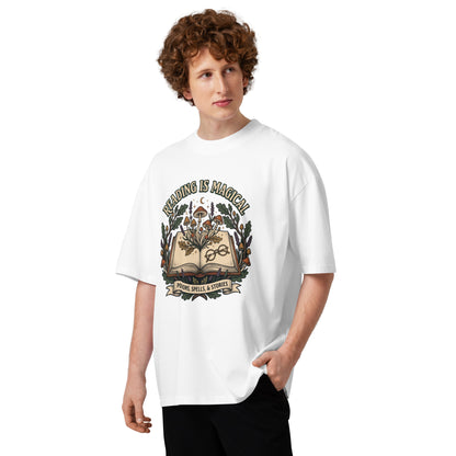 Whimsical Reading Witch oversized T-Shirt - in White, front view - VibePrintPop