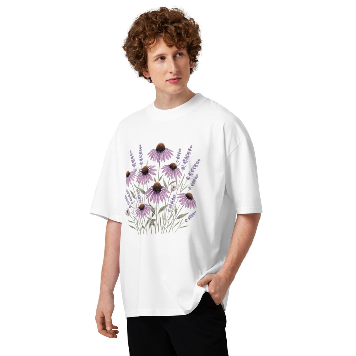 Purple coneflower echinacea botanical study on a white oversized high-neck tee, front view