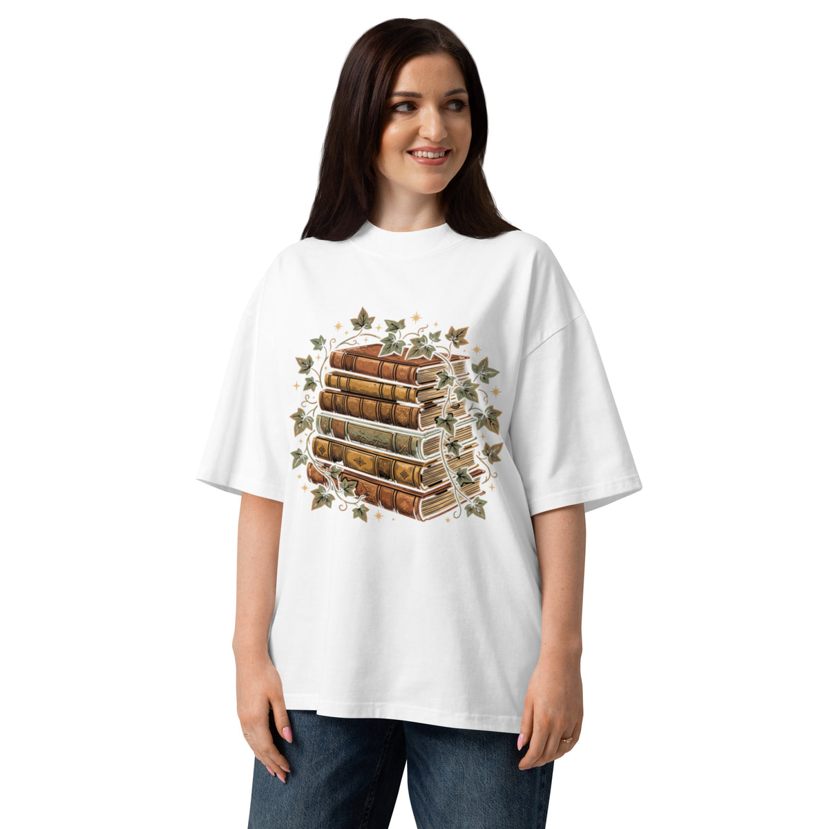 Stack of vintage books wound with ivy on a white oversized high-neck tee, front view
