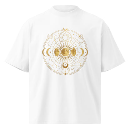 Gold celestial moon phases in an astrological circle on a white oversized high-neck tee, front view