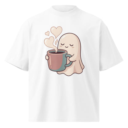 Cute ghost holding a coffee mug with heart-shaped steam on a white oversized high-neck tee, front view