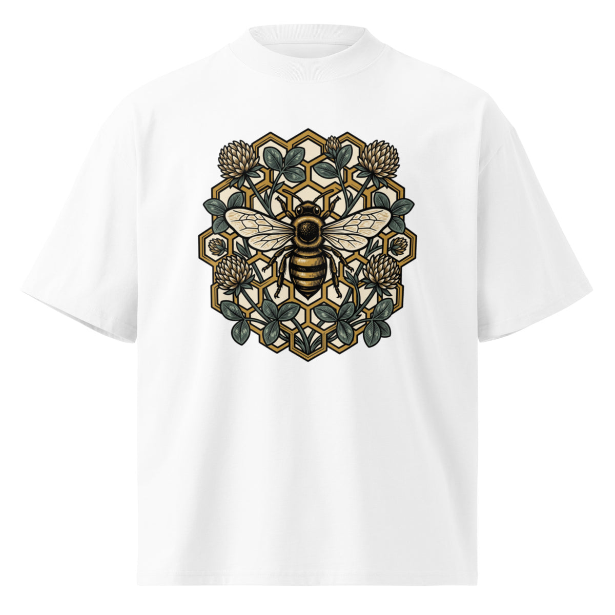 Geometric honeycomb and bee design in teal and gold on a white oversized high-neck tee, front view