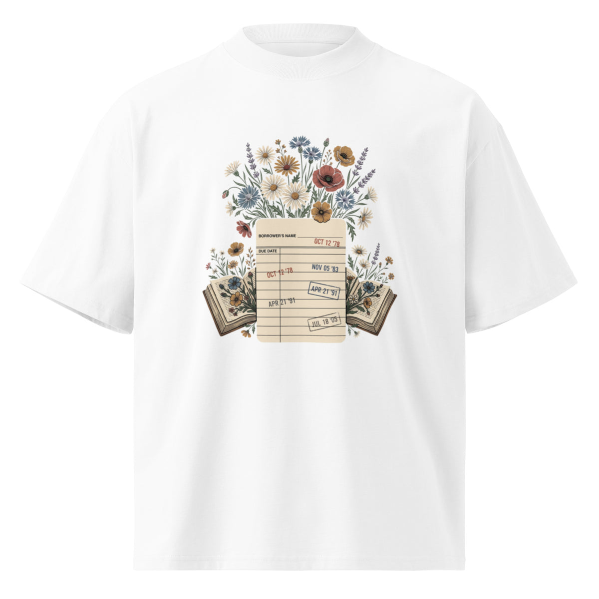 Vintage library due-date card with wildflowers on a white oversized high-neck tee, front view