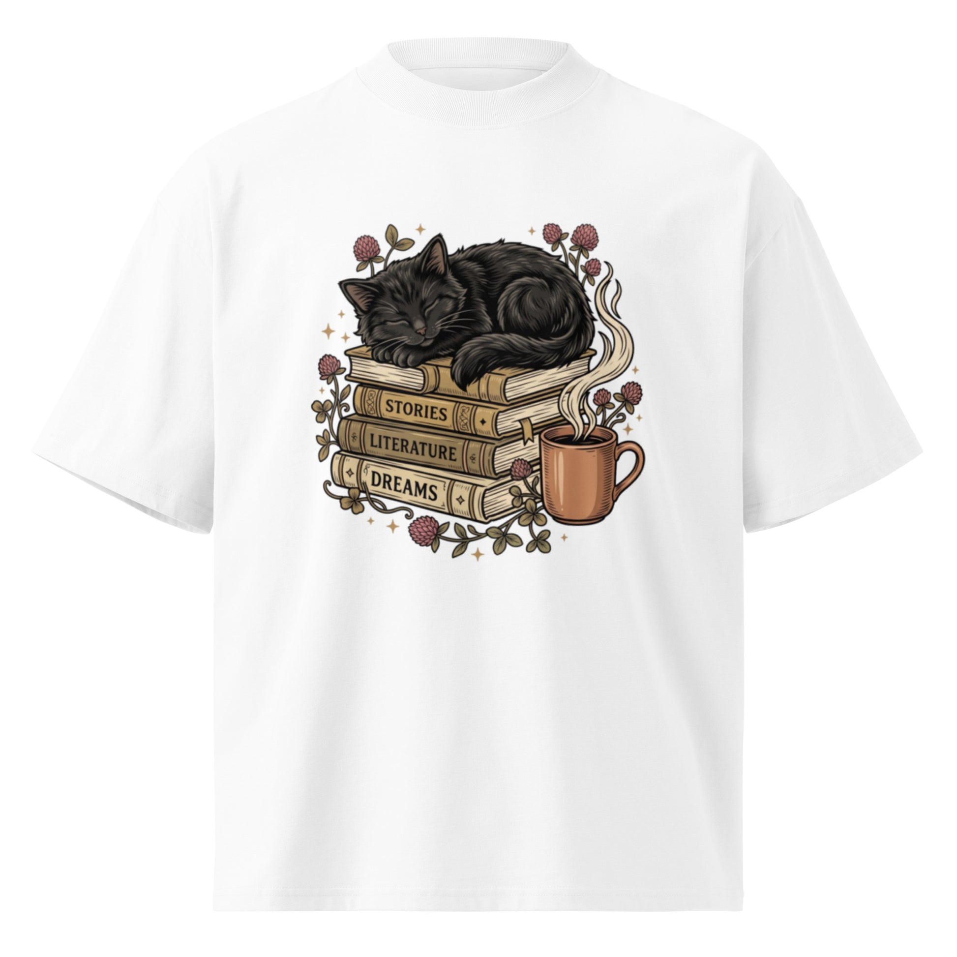 Black cat asleep on a stack of books with coffee and roses, on a white oversized high-neck tee, front view
