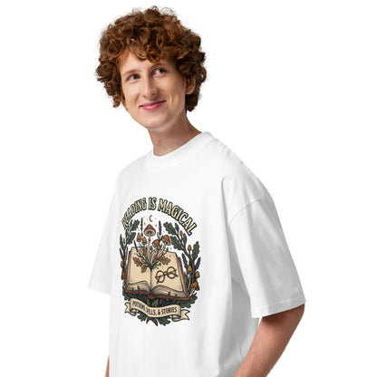 Whimsical Reading Witch oversized T-Shirt - in White, left view - VibePrintPop