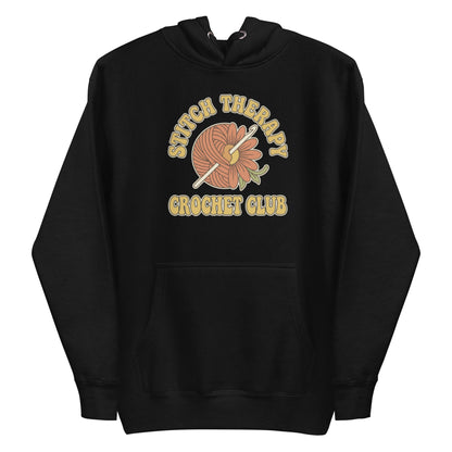 Retro Crochet Club Hoodie - in Black, front view - VibePrintPop