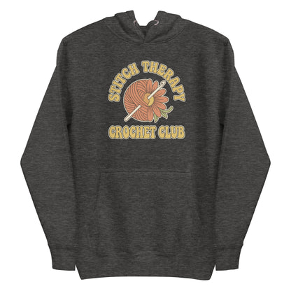 Retro Crochet Club Hoodie - in Charcoal Heather, front view - VibePrintPop