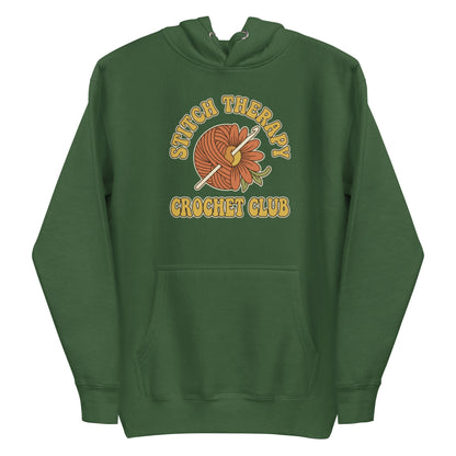 Retro Crochet Club Hoodie - in Forest Green, front view - VibePrintPop