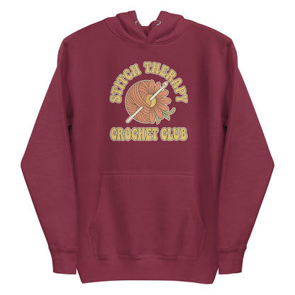 Retro Crochet Club Hoodie - in Maroon, front view - VibePrintPop